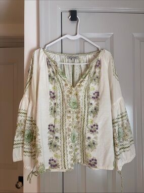 D'Ascoli Cream Floral Embroidered Peasant Blouse - Green & Purple
